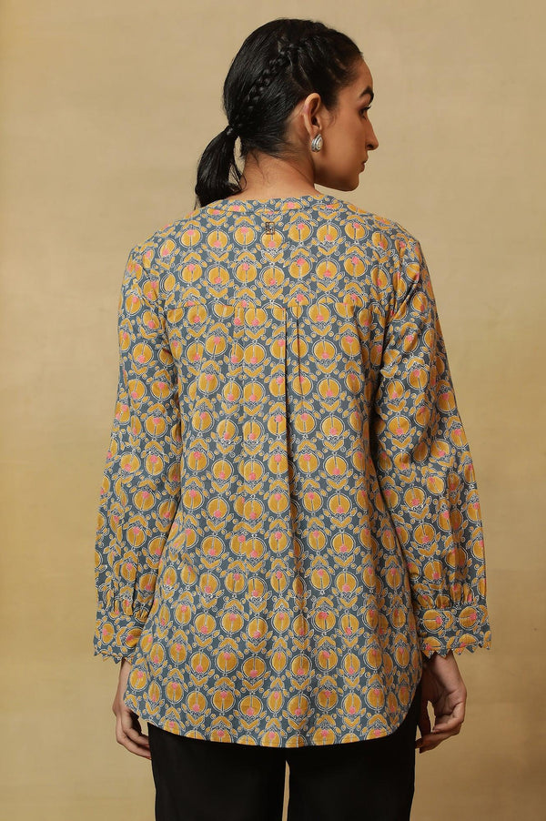 Grey Top with Multi-Coloured Block Print and Sleeves