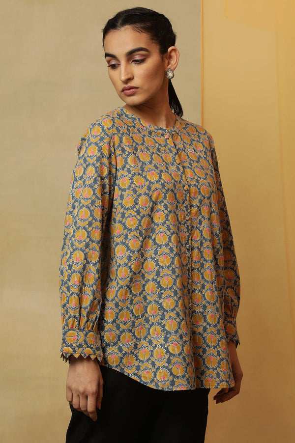 Grey Top with Multi-Coloured Block Print and Sleeves