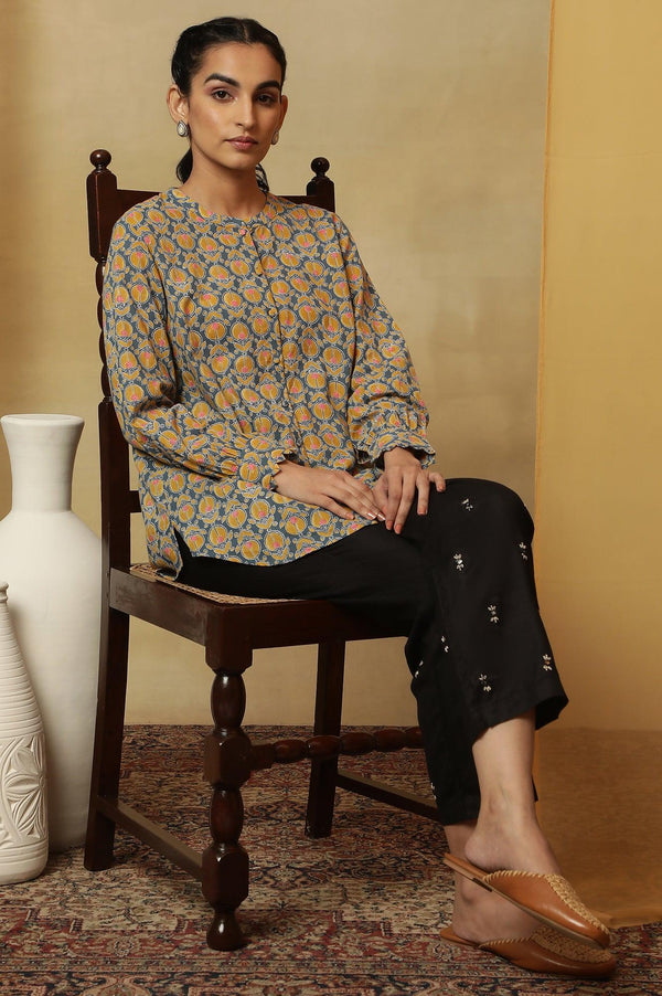 Grey Top with Multi-Coloured Block Print and Sleeves