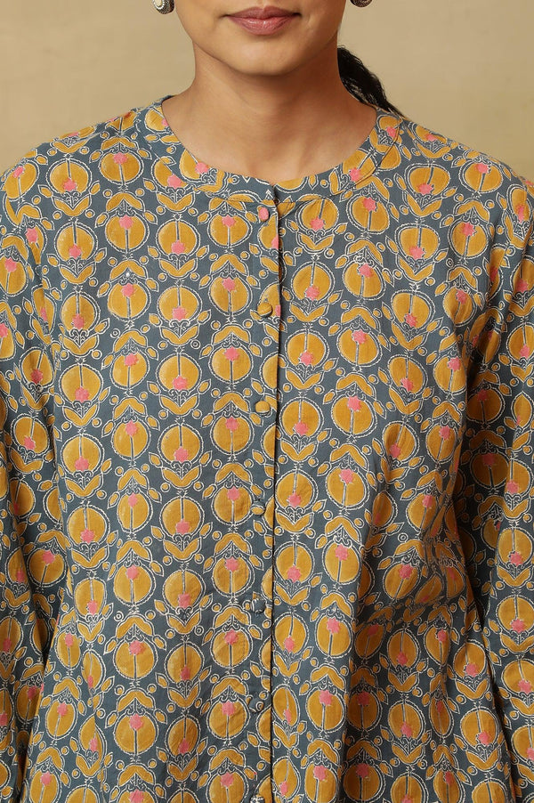 Grey Top with Multi-Coloured Block Print and Sleeves