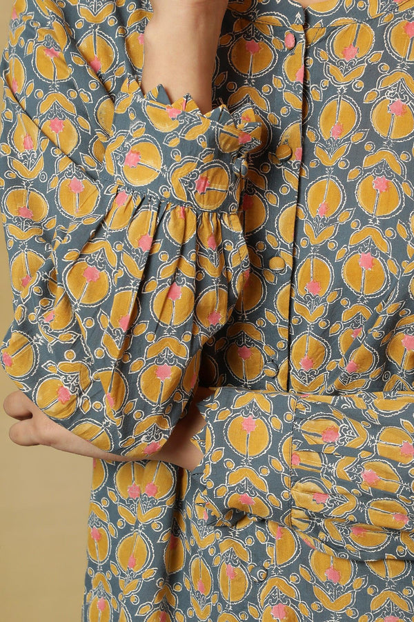 Grey Top with Multi-Coloured Block Print and Sleeves