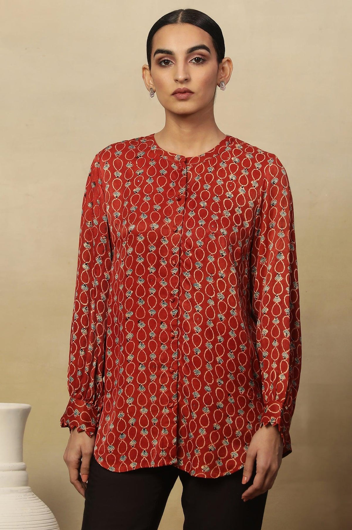 Brick Red Ajrakh Print Top In Lustrous Satin - XS