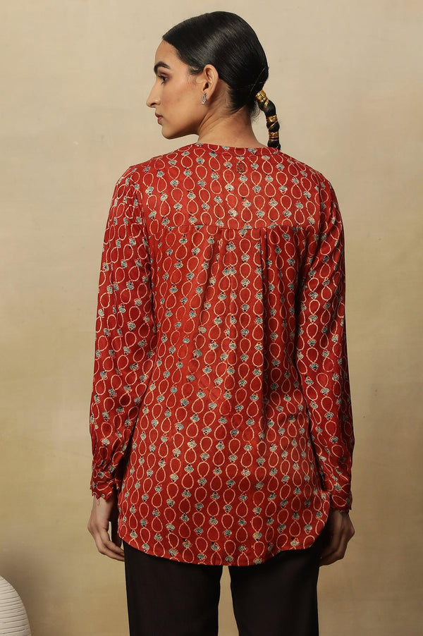 Brick Red Ajrakh Print Top In Lustrous Satin