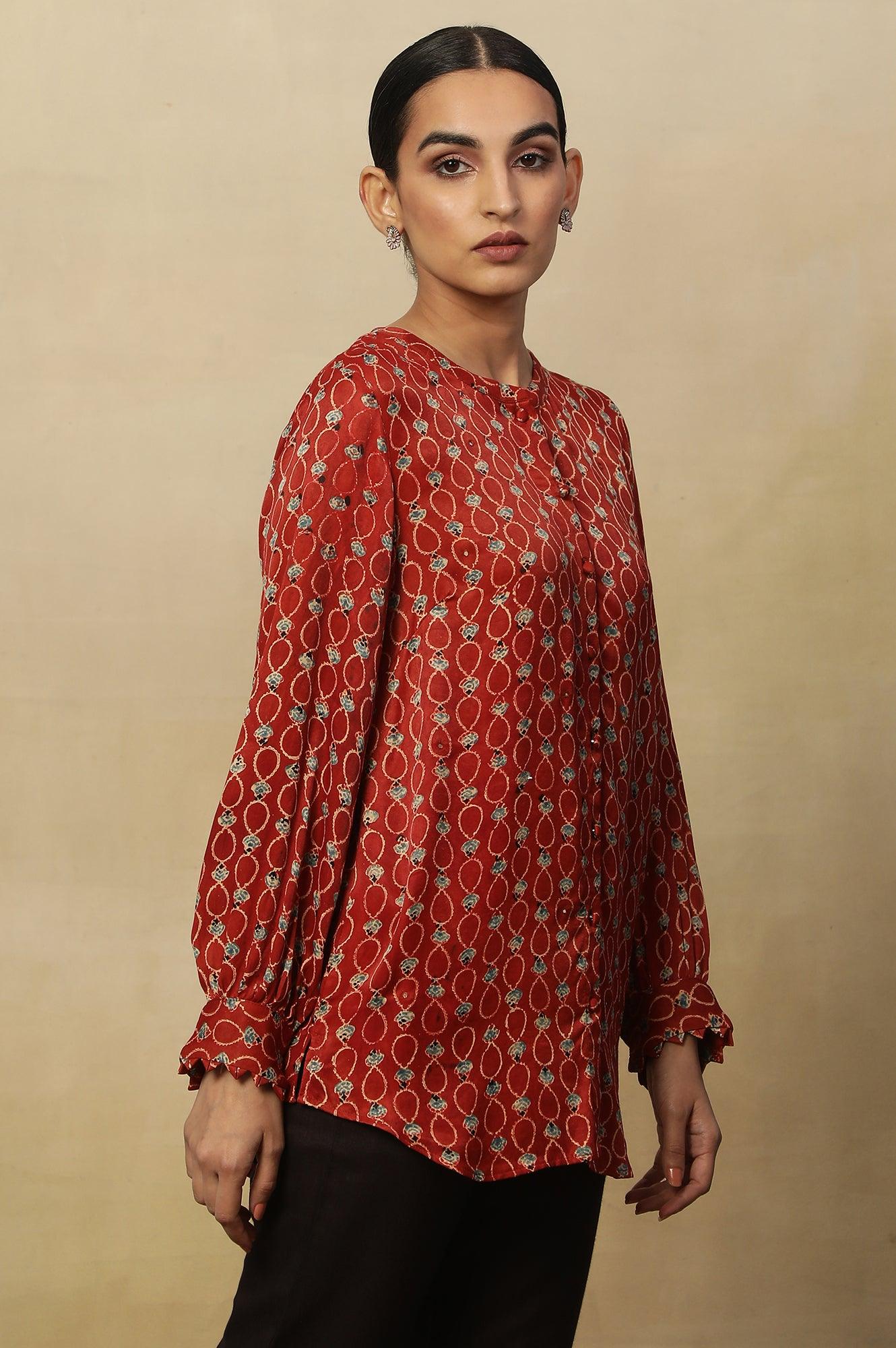 Brick Red Ajrakh Print Top In Lustrous Satin - wforwoman