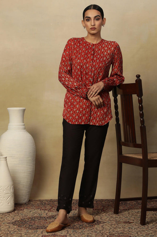 Brick Red Ajrakh Print Top In Lustrous Satin