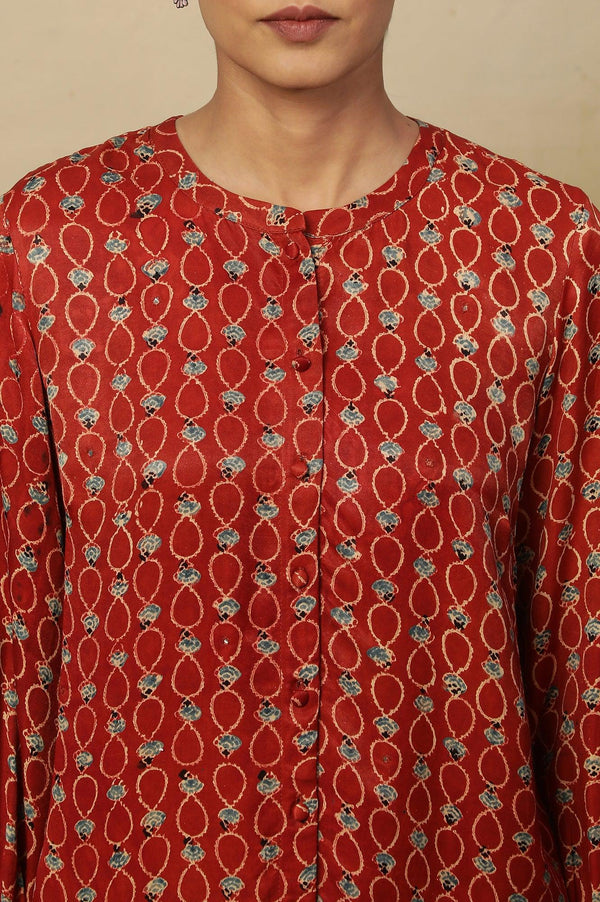 Brick Red Ajrakh Print Top In Lustrous Satin