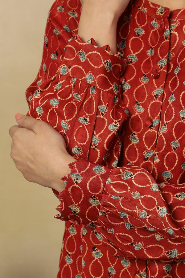 Brick Red Ajrakh Print Top In Lustrous Satin