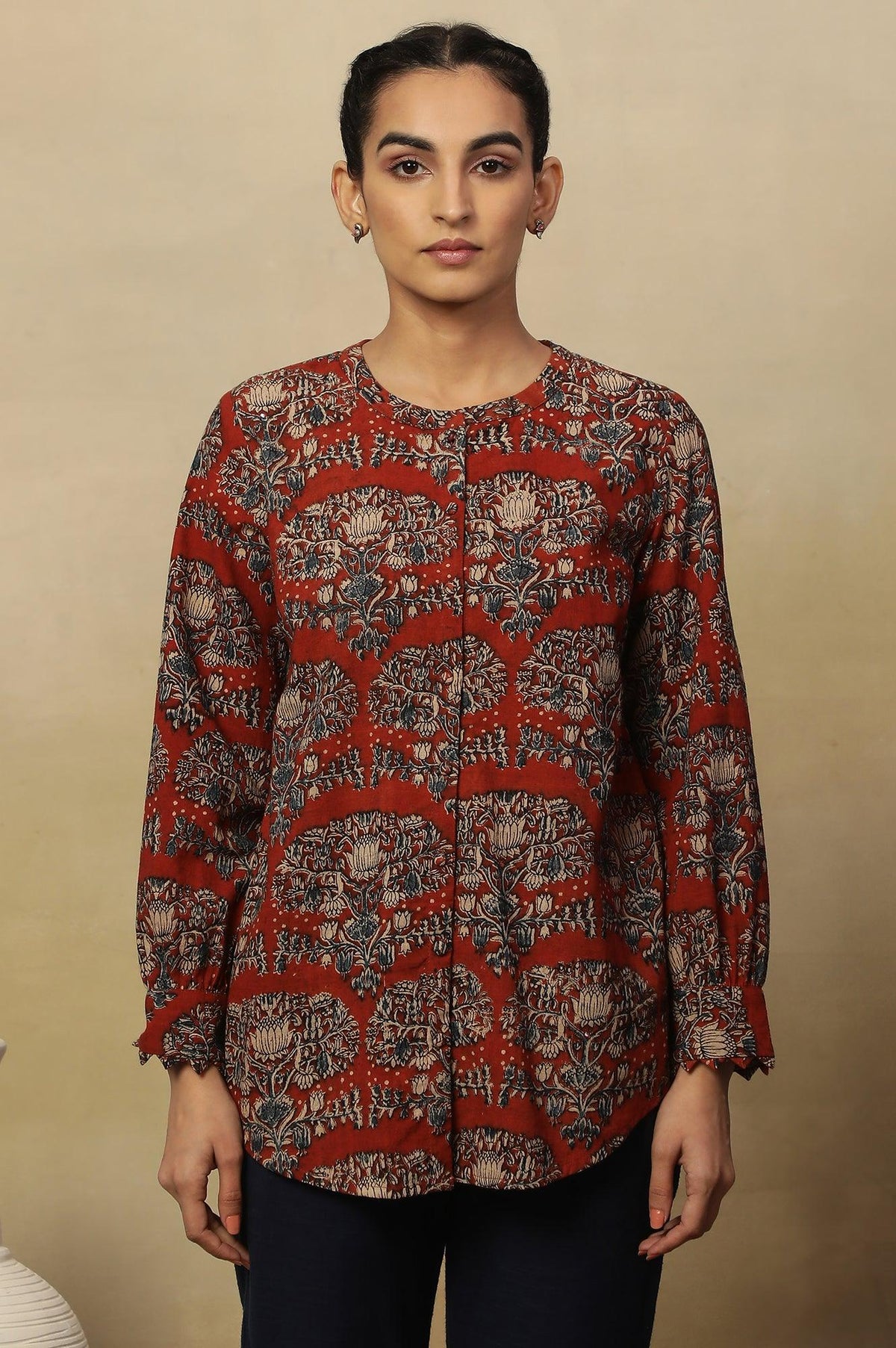 Brick Red Block Print Top In Cotton Slub - XS