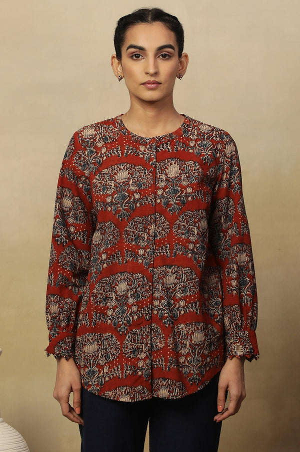 Brick Red Block Print Top In Cotton Slub