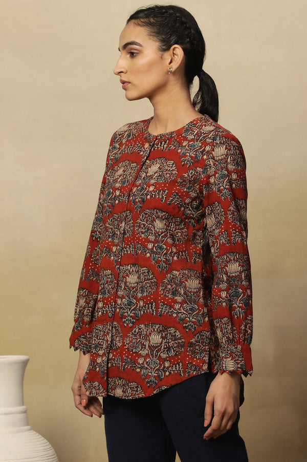 Brick Red Block Print Top In Cotton Slub