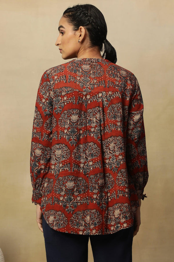Brick Red Block Print Top In Cotton Slub