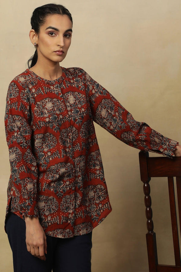 Brick Red Block Print Top In Cotton Slub