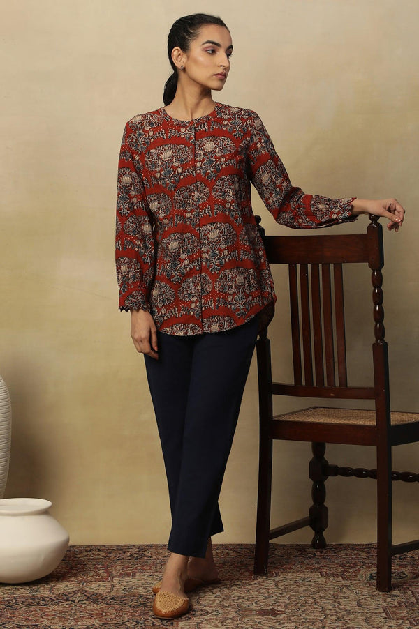 Brick Red Block Print Top In Cotton Slub