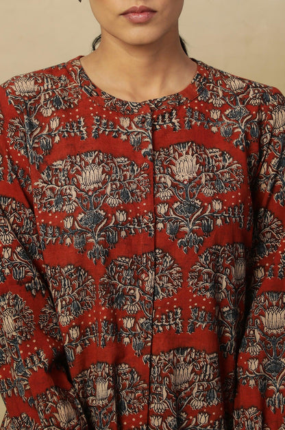 Brick Red Block Print Top In Cotton Slub - wforwoman