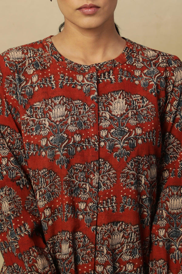 Brick Red Block Print Top In Cotton Slub