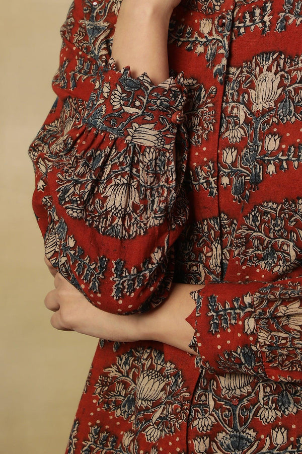 Brick Red Block Print Top In Cotton Slub