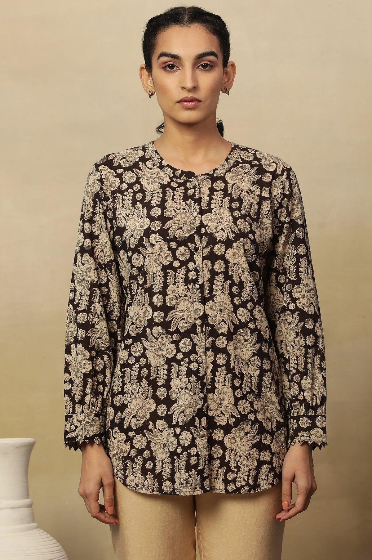 Brown Block Print Top In Cotton Voile - XS