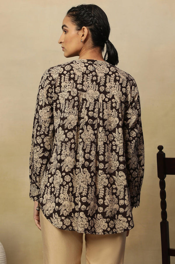 Brown Block Print Top In Cotton Voile