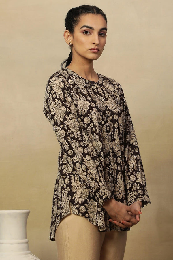 Brown Block Print Top In Cotton Voile