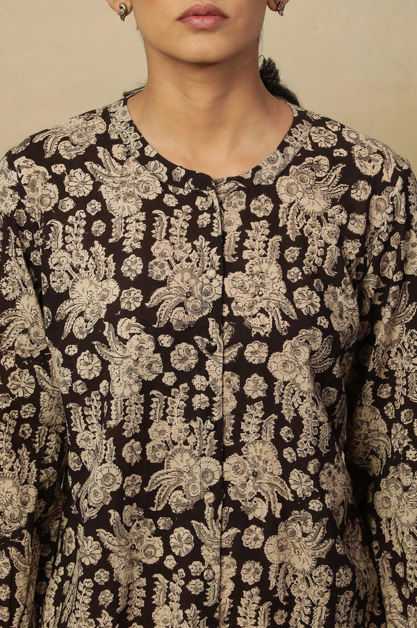 Brown Block Print Top In Cotton Voile