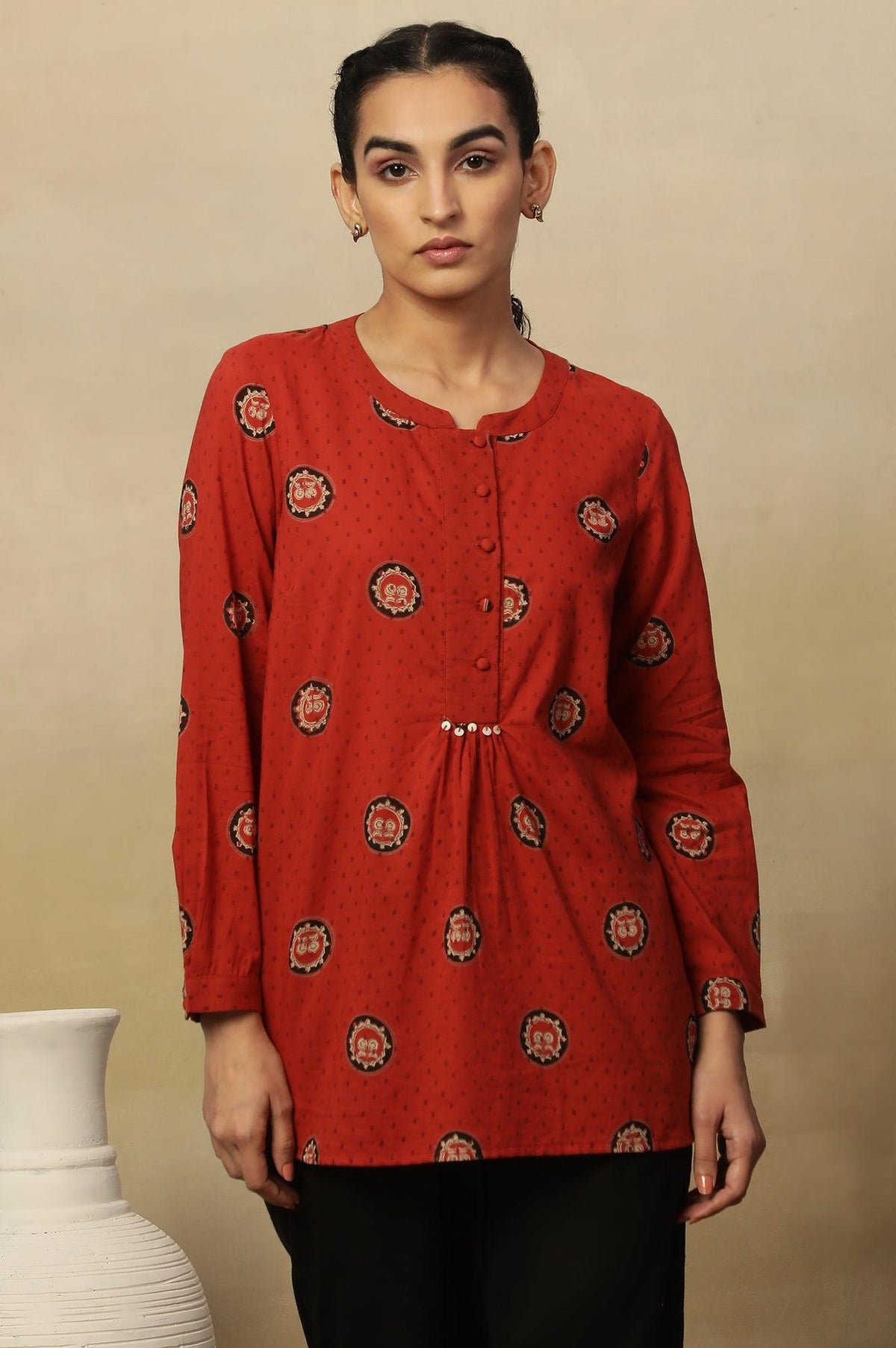 Red Block Print Top In Cotton Voile. - S