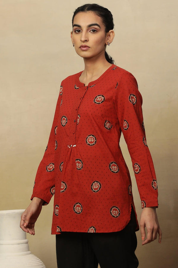 Red Block Print Top In Cotton Voile.