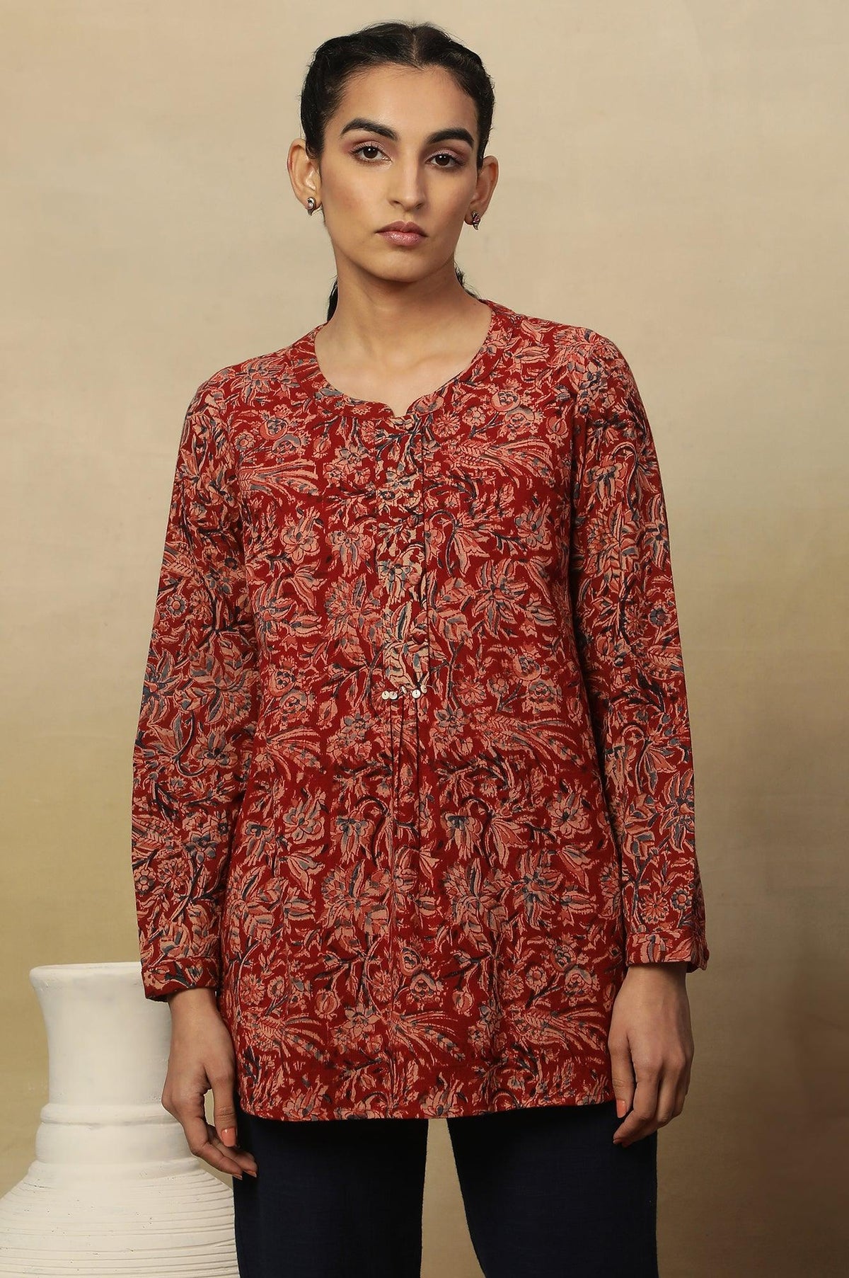Barn Red Block Print Top In Cotton Slub - XS