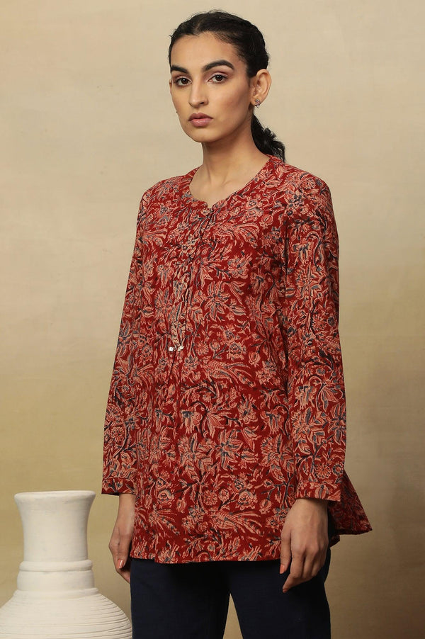 Barn Red Block Print Top In Cotton Slub