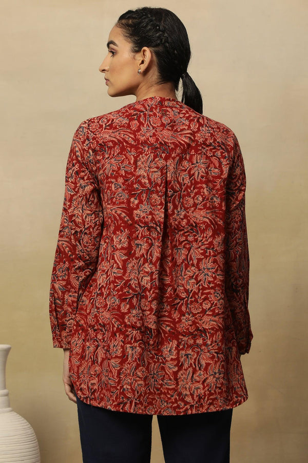 Barn Red Block Print Top In Cotton Slub