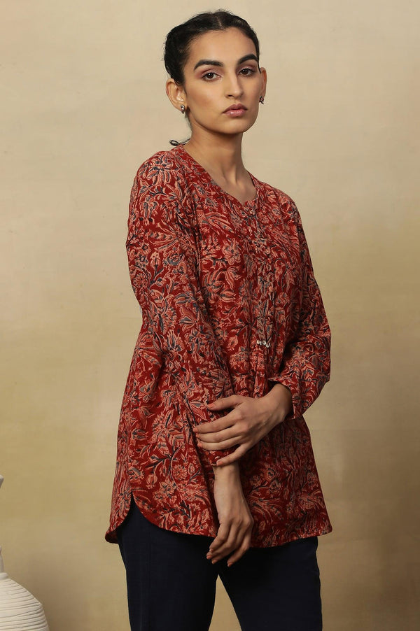 Barn Red Block Print Top In Cotton Slub