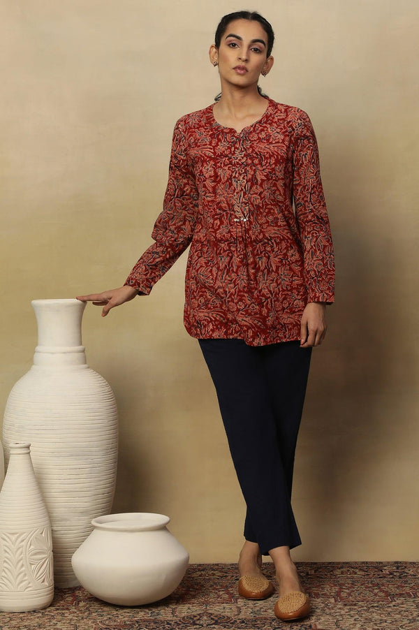 Barn Red Block Print Top In Cotton Slub