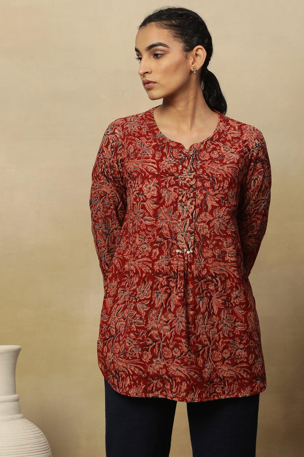 Barn Red Block Print Top In Cotton Slub