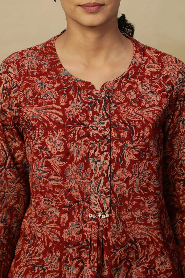 Barn Red Block Print Top In Cotton Slub
