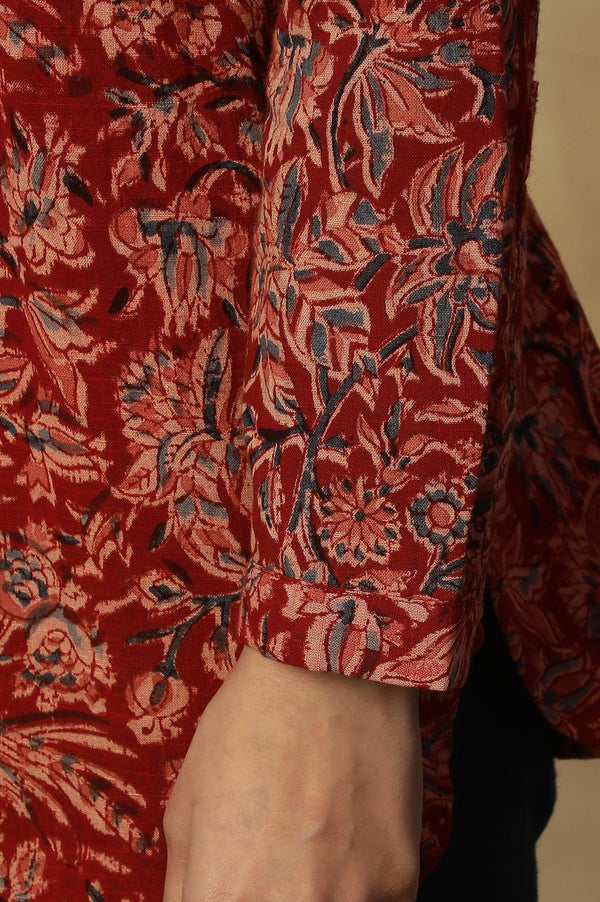 Barn Red Block Print Top In Cotton Slub