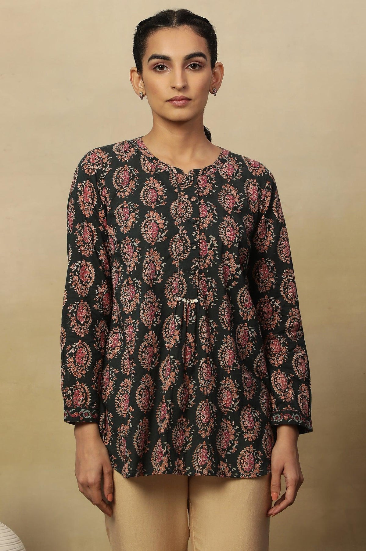 Dark Green Block Print Top In Cotton Voile - XS