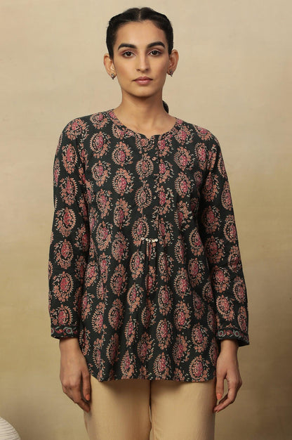 Dark Green Block Print Top In Cotton Voile - wforwoman