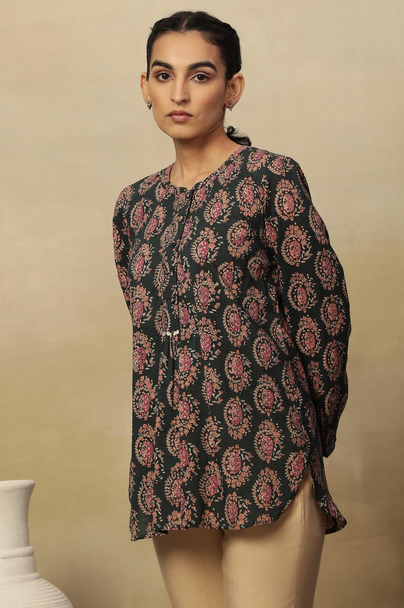 Dark Green Block Print Top In Cotton Voile - wforwoman