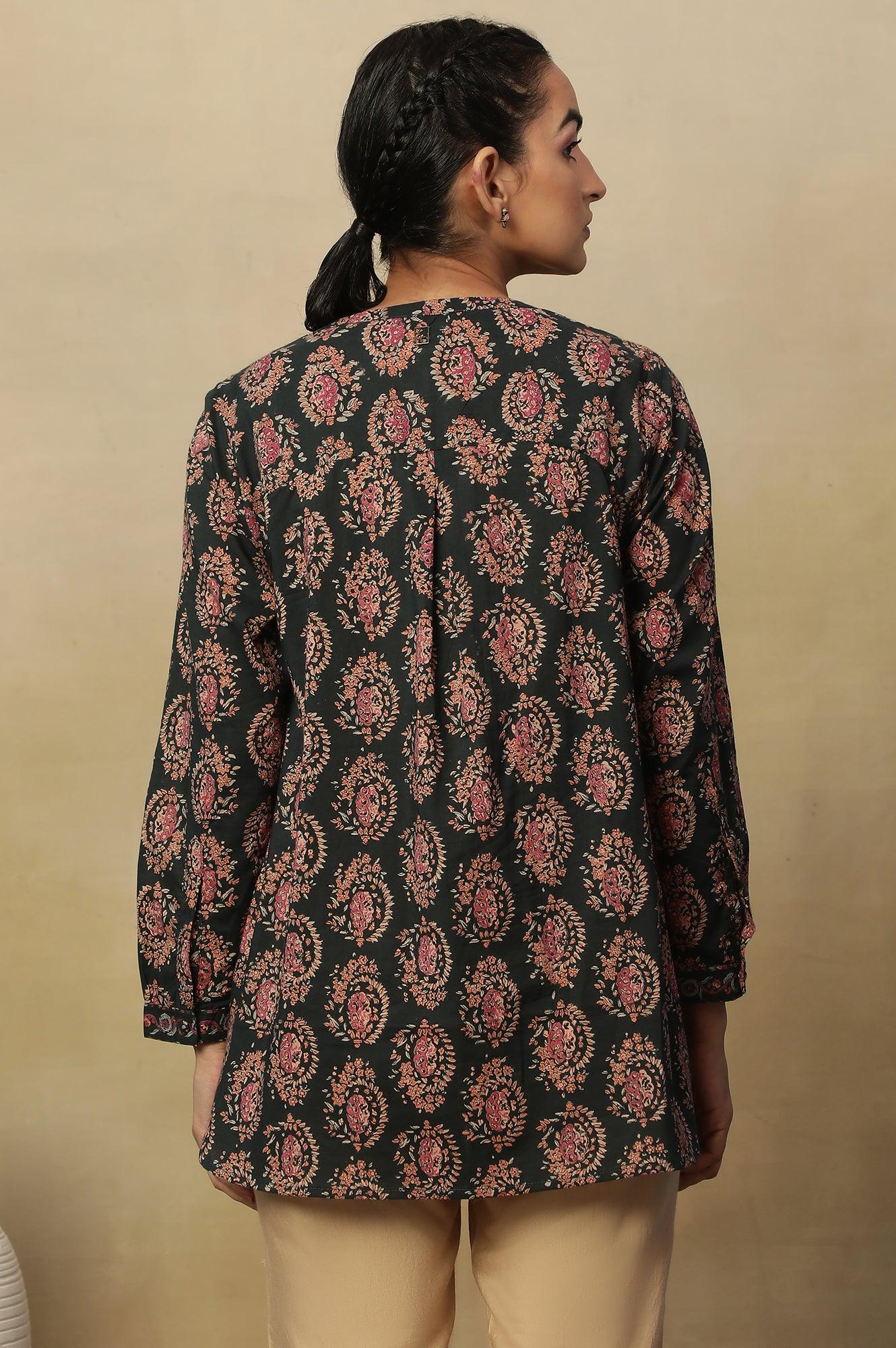 Dark Green Block Print Top In Cotton Voile - wforwoman