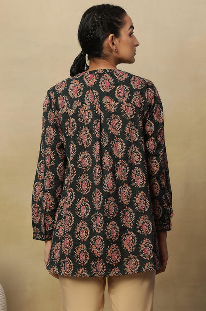 Dark Green Block Print Top In Cotton Voile - wforwoman