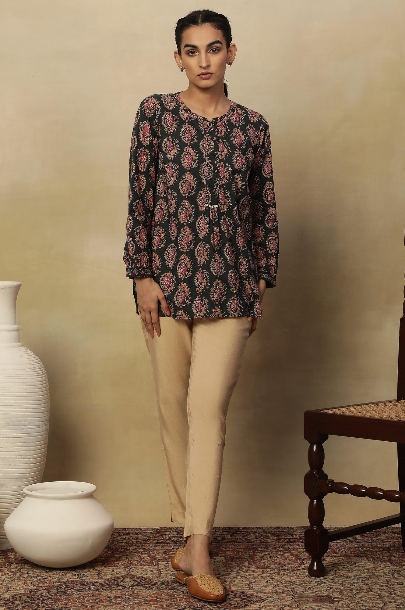 Dark Green Block Print Top In Cotton Voile - wforwoman