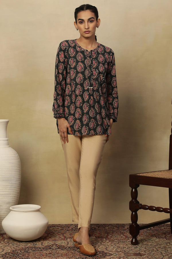 Dark Green Block Print Top In Cotton Voile