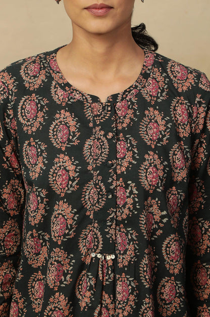 Dark Green Block Print Top In Cotton Voile - wforwoman