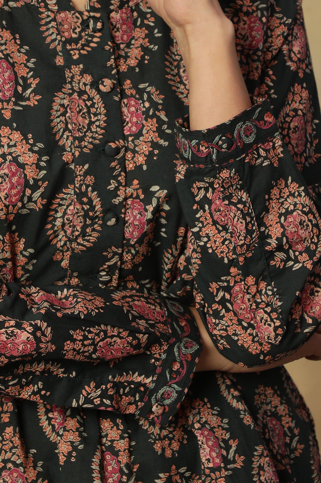 Dark Green Block Print Top In Cotton Voile - wforwoman