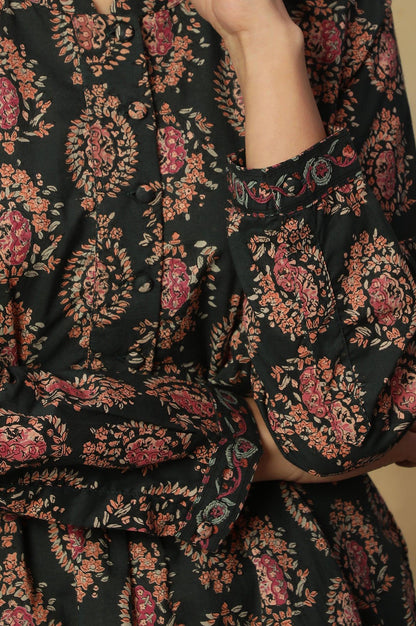 Dark Green Block Print Top In Cotton Voile - wforwoman