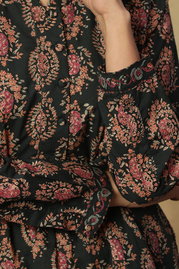 Dark Green Block Print Top In Cotton Voile