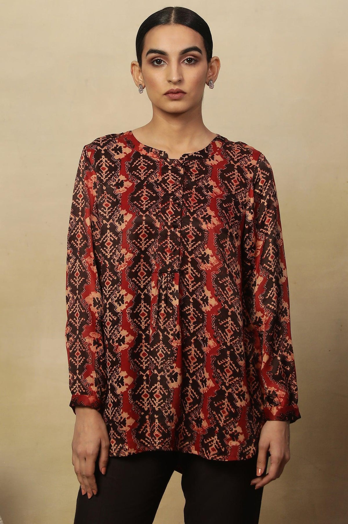 Red & Black Ajrakh Print Top In Modal Satin - XS