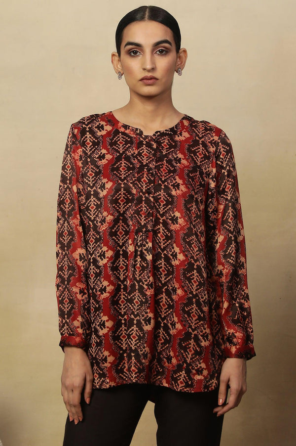 Red & Black Ajrakh Print Top In Modal Satin