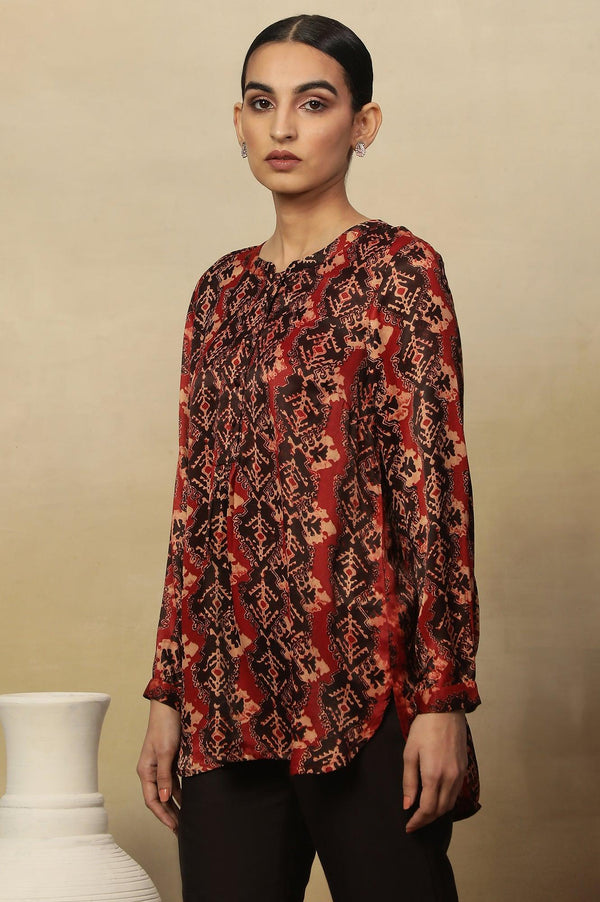 Red & Black Ajrakh Print Top In Modal Satin