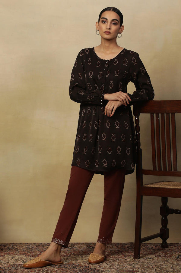 Black Ajrakh Print Long Top In Fluid Satin