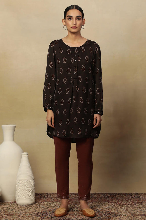 Black Ajrakh Print Long Top In Fluid Satin